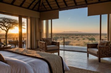 Sonnenuntergang über der Serengeti, gesehen aus einer luxuriösen Lodge mit Panoramafenstern während einer Tansania Safari.