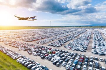 Weitläufiger Parkplatz am Flughafen Nürnberg mit zahlreichen Autos und einem startenden Flugzeug im Hintergrund.