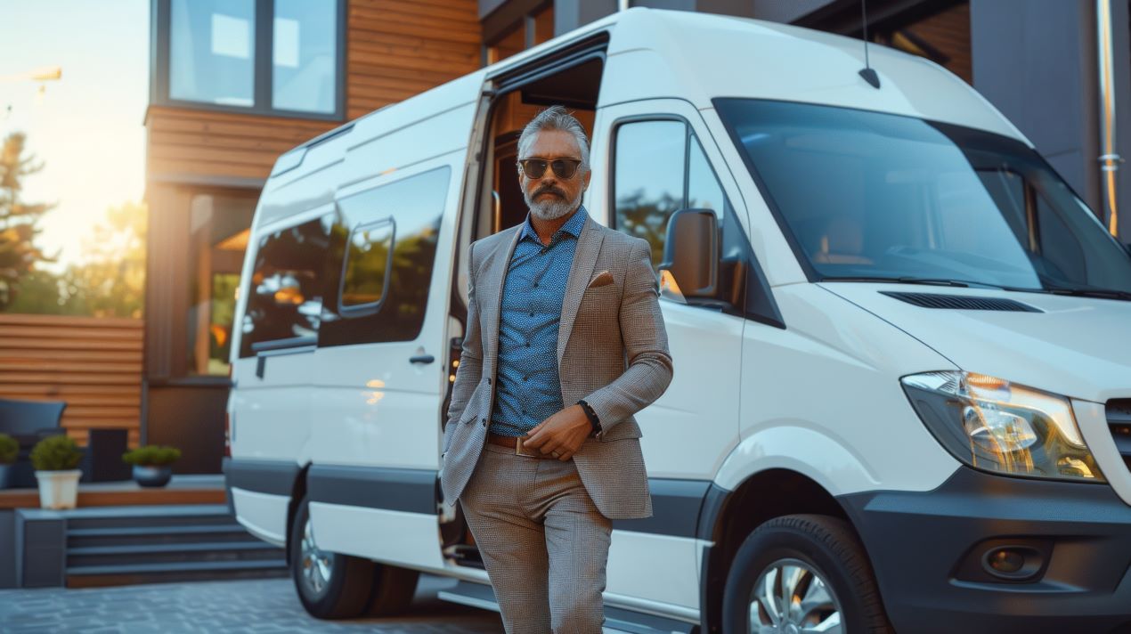 Elegant gekleideter Mann mit Sonnenbrille steigt aus einem luxuriösen Shuttle-Van beim Parken Flughafen Nürnberg aus.