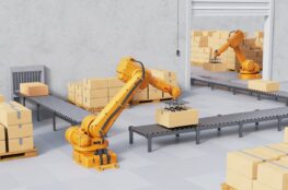 Industrielle Roboterarme setzen automatisierte Palettierer ein, um Kartons auf Förderbändern zu bewegen und effizient zu stapeln.